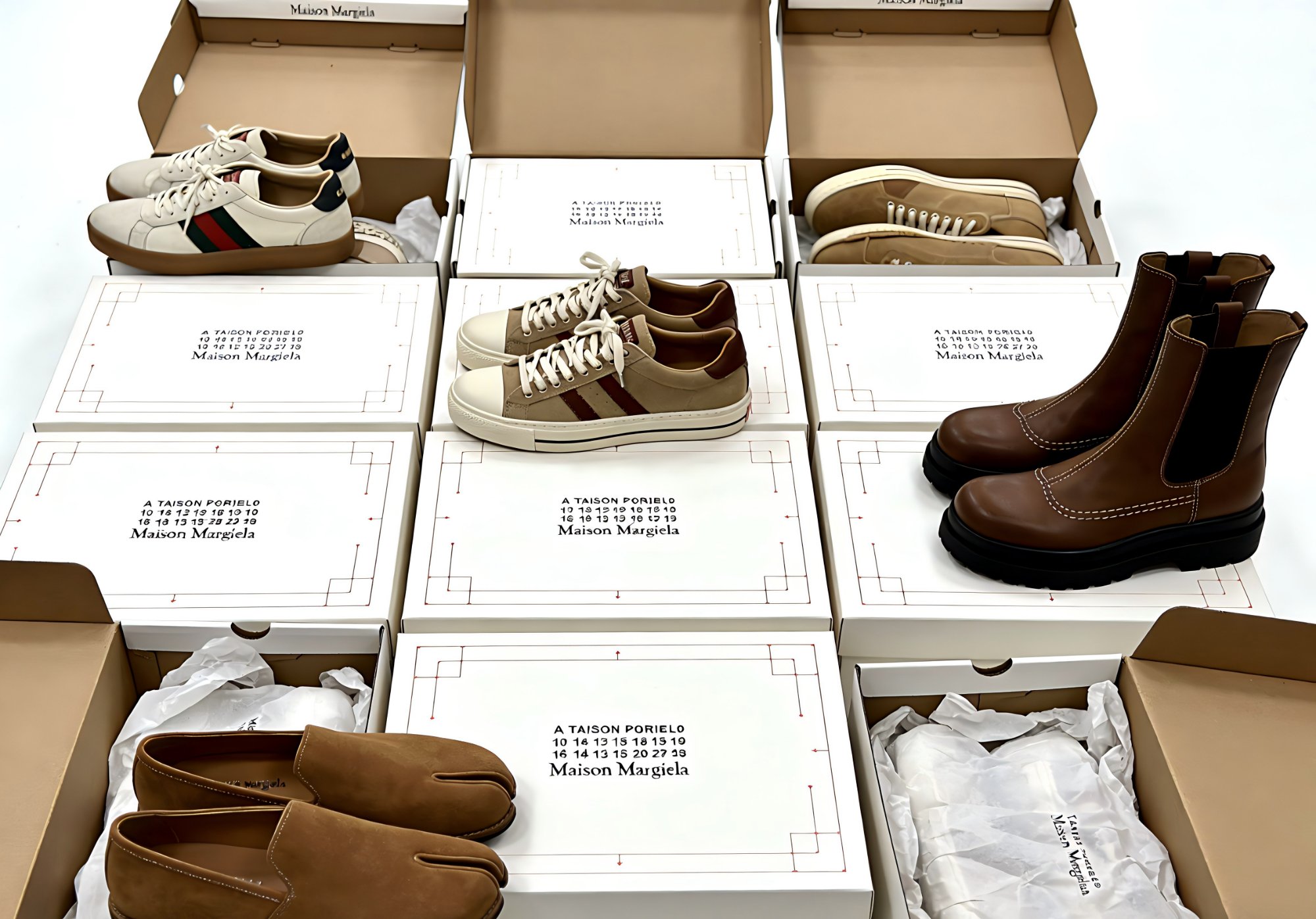 Designer dupe shoes flatlay with luxury brand bags